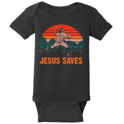 Jesus Saves Baseball Pitcher Vintage Retro 80s Baby Bodysuit