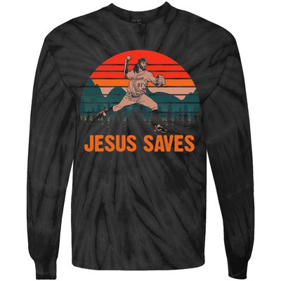 Jesus Saves Baseball Pitcher Vintage Retro 80s Tie-Dye Long Sleeve Shirt
