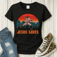 Jesus Saves Baseball Pitcher Vintage Retro 80s Womens T-Shirt