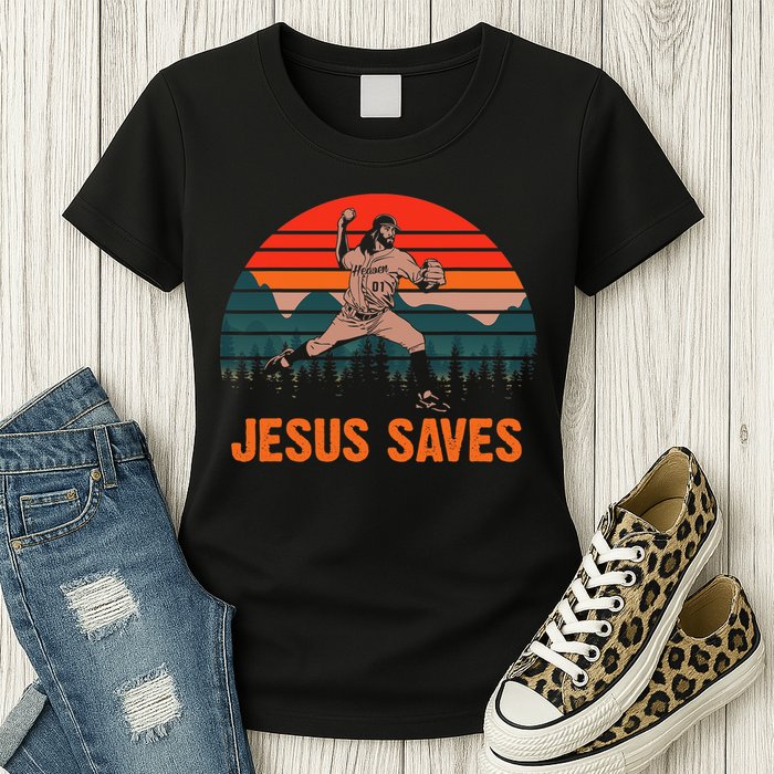 Jesus Saves Baseball Pitcher Vintage Retro 80s Womens T-Shirt
