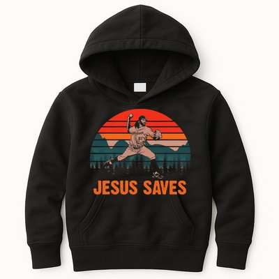 Jesus Saves Baseball Pitcher Vintage Retro 80s Kids Hoodie
