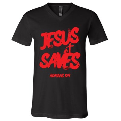 Jesus Saves Christian Faith Bold Red Letters And Cross Cute Premium V-Neck T-Shirt