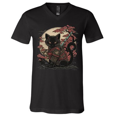 Japanese Samurai Cat Tattoo Vintage Kawaii Ninja V-Neck T-Shirt