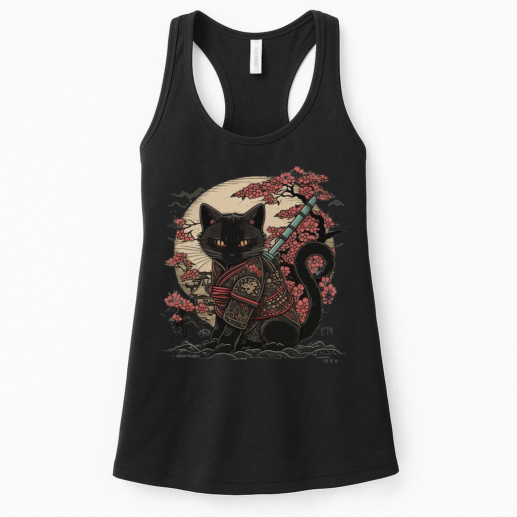 Japanese Samurai Cat Tattoo Vintage Kawaii Ninja Womens Tank Top
