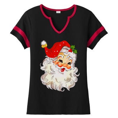 Jolly Santa Claus Face Vintage St. Nick Christmas Ladies Halftime Notch Neck Tee