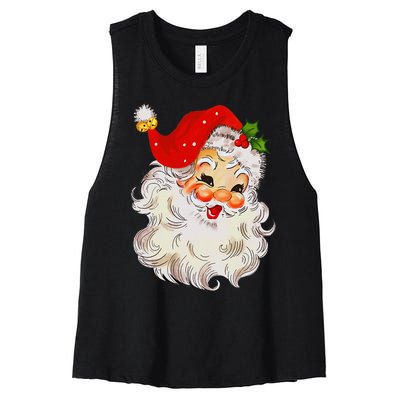 Jolly Santa Claus Face Vintage St. Nick Christmas Women's Racerback Cropped Tank