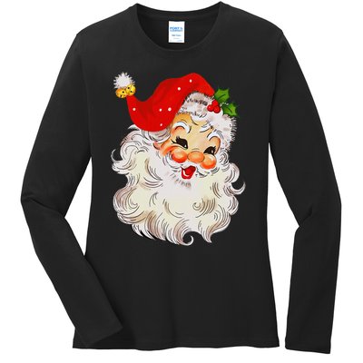 Jolly Santa Claus Face Vintage St. Nick Christmas Ladies Long Sleeve Shirt