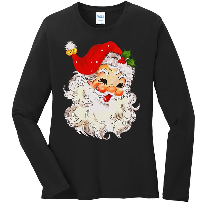 Jolly Santa Claus Face Vintage St. Nick Christmas Ladies Long Sleeve Shirt