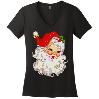 Jolly Santa Claus Face Vintage St. Nick Christmas Women's V-Neck T-Shirt