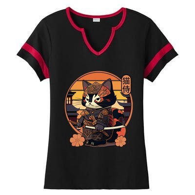 Japanese Samurai Cat Tattoo Kawaii Ninja Cat Ladies Halftime Notch Neck Tee