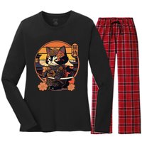 Japanese Samurai Cat Tattoo Kawaii Ninja Cat Women's Long Sleeve Flannel Pajama Set 