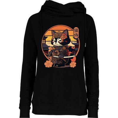 Japanese Samurai Cat Tattoo Kawaii Ninja Cat Womens Funnel Neck Pullover Hood