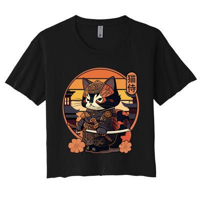 Japanese Samurai Cat Tattoo Kawaii Ninja Cat Women's Crop Top Tee