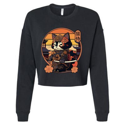 Japanese Samurai Cat Tattoo Kawaii Ninja Cat Cropped Pullover Crew