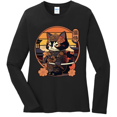 Japanese Samurai Cat Tattoo Kawaii Ninja Cat Ladies Long Sleeve Shirt