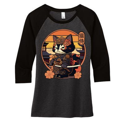 Japanese Samurai Cat Tattoo Kawaii Ninja Cat Women's Tri-Blend 3/4-Sleeve Raglan Shirt