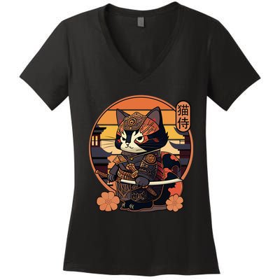 Japanese Samurai Cat Tattoo Kawaii Ninja Cat Women's V-Neck T-Shirt