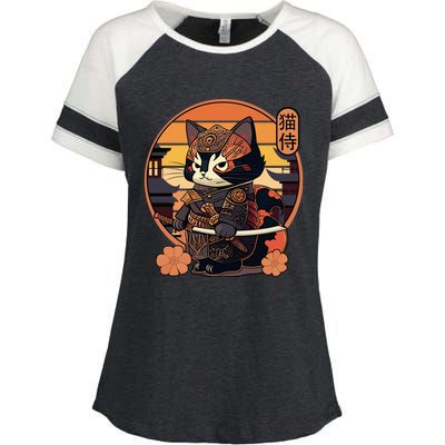 Japanese Samurai Cat Tattoo Kawaii Ninja Cat Enza Ladies Jersey Colorblock Tee