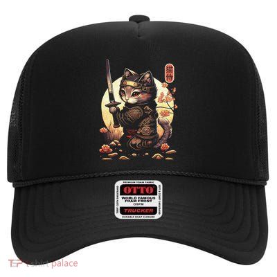 Japanese Samurai Cat Tattoo Kawaii Ninja Cat High Crown Mesh Back Trucker Hat