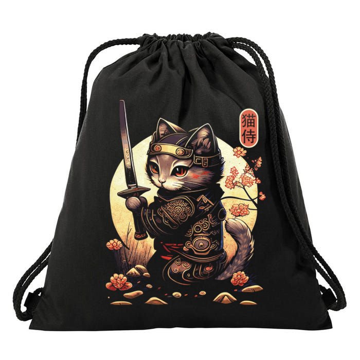 Japanese Samurai Cat Tattoo Kawaii Ninja Cat Drawstring Bag