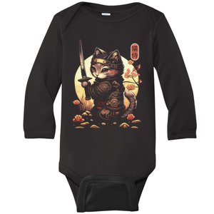 Japanese Samurai Cat Tattoo Kawaii Ninja Cat Baby Long Sleeve Bodysuit