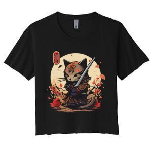 Japanese Samurai Cat Tattoo Kawaii Ninja Cat Women's Crop Top Tee