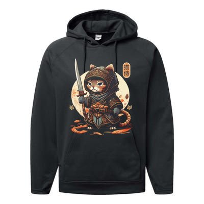 Japanese Samurai Cat Tattoo Kawaii Ninja Cat Ninja Kitten Warriors Performance Fleece Hoodie