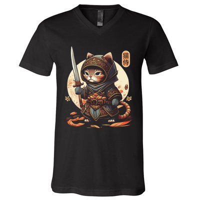 Japanese Samurai Cat Tattoo Kawaii Ninja Cat Ninja Kitten Warriors V-Neck T-Shirt