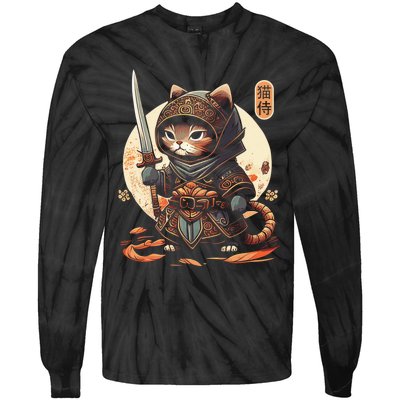 Japanese Samurai Cat Tattoo Kawaii Ninja Cat Ninja Kitten Warriors Tie-Dye Long Sleeve Shirt