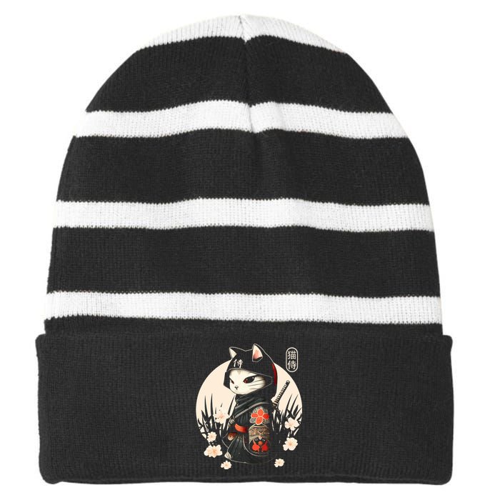 Japanese Samurai Cat Tattoo Kawaii Ninja Cat Ninja Kitten Warriors Striped Beanie with Solid Band