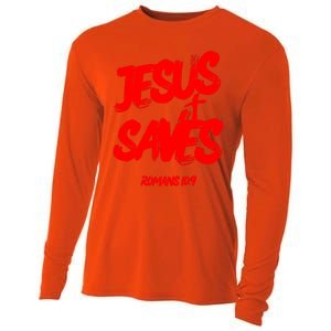 Jesus Saves Christian Faith Bold Red Letters And Cross Cute Premium Cooling Performance Long Sleeve Crew