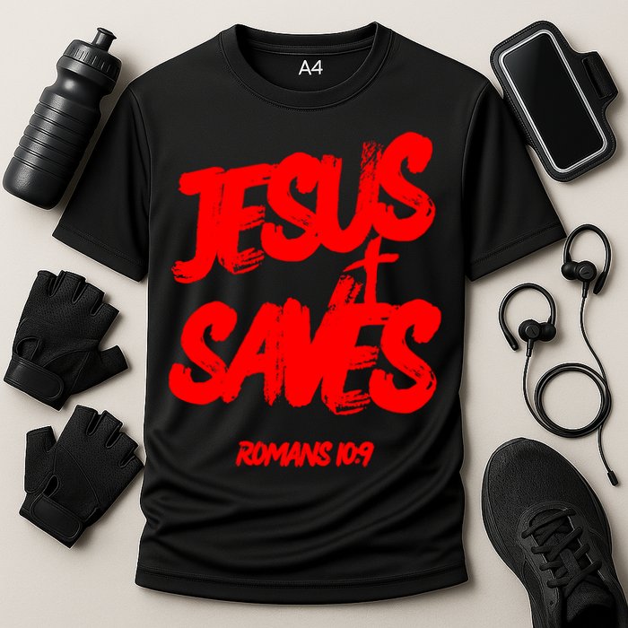Jesus Saves Christian Faith Bold Red Letters And Cross Cute Premium Cooling Performance Crew T-Shirt