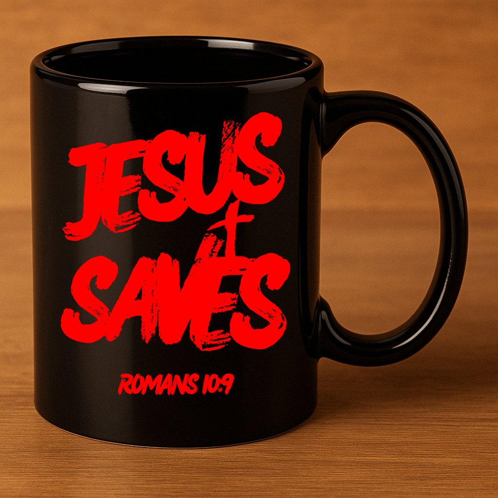 Jesus Saves Christian Faith Bold Red Letters And Cross Cute Premium 11oz C Handle Ceramic Mug
