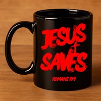 Jesus Saves Christian Faith Bold Red Letters And Cross Cute Premium 11oz C Handle Ceramic Mug