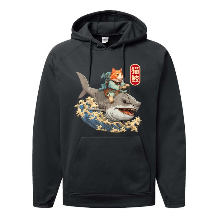 Japanese Samurai Cat Shark Ninja Cat Tattoo Kitten Warrior Performance Fleece Hoodie