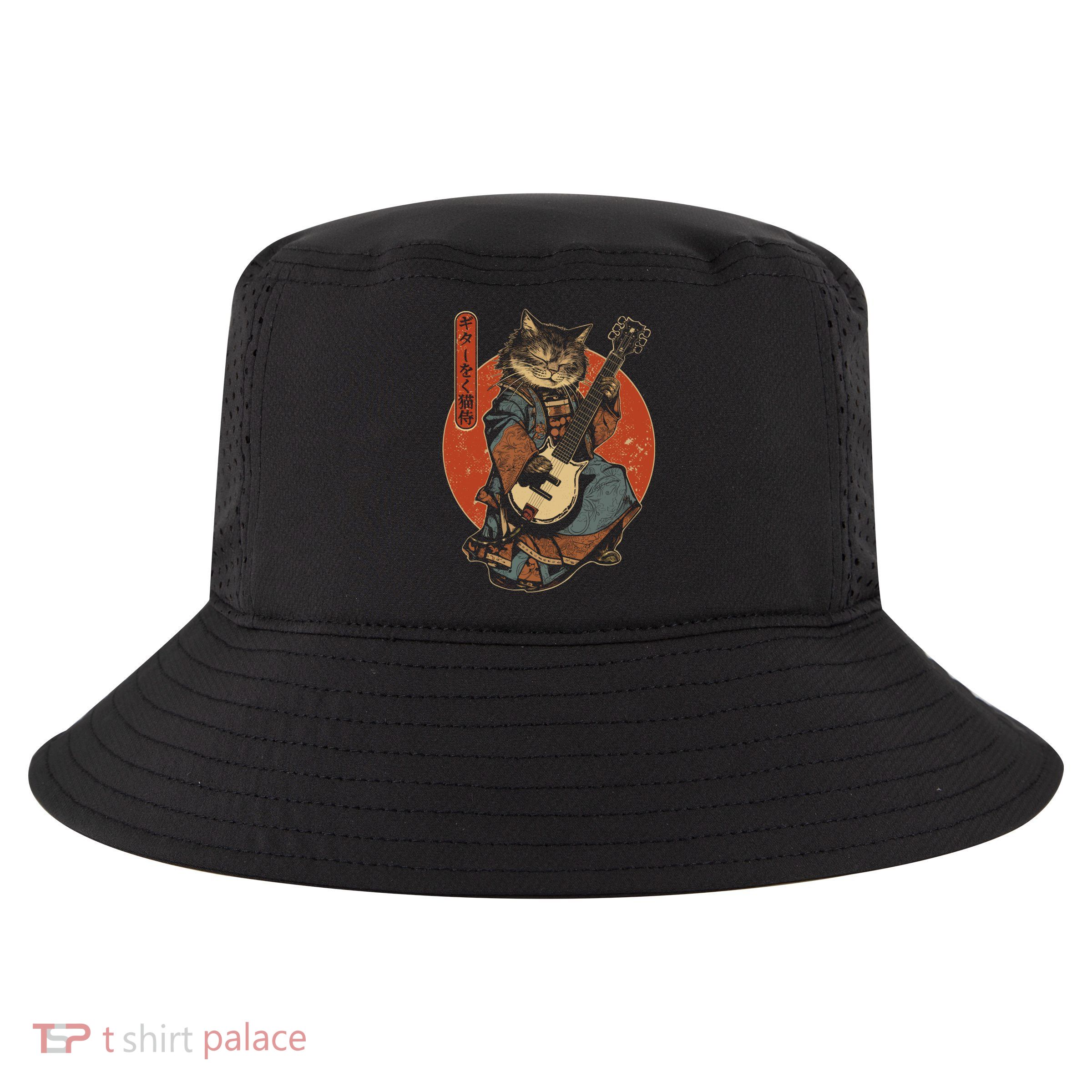 Japanese Samurai Cat Playing The Electric Guitar Japanese Samurai Guitar Players Cool Comfort Performance Bucket Hat
