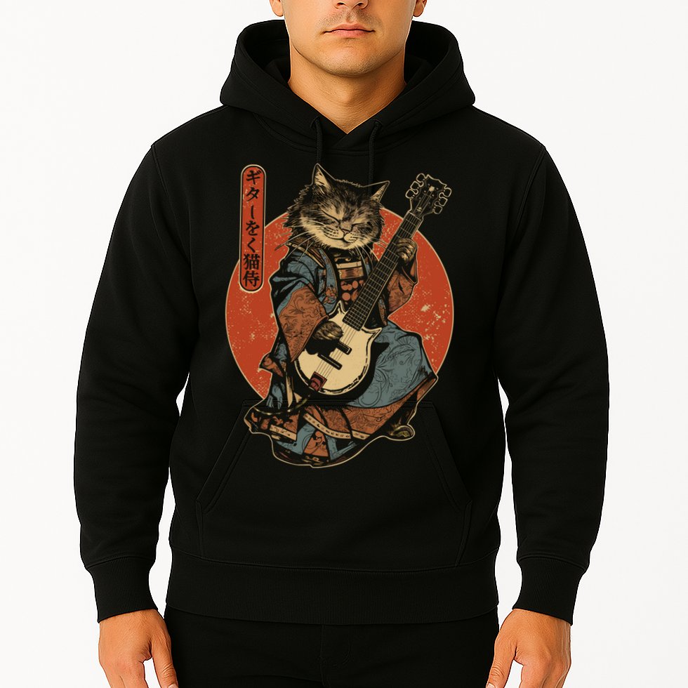Japanese Samurai Cat Playing The Electric Guitar Japanese Samurai Guitar Players Hoodie