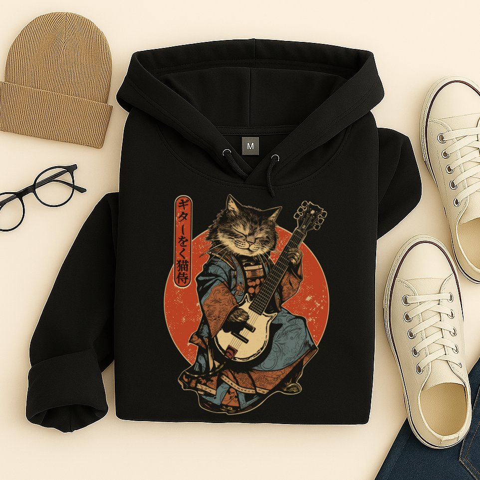 Japanese Samurai Cat Playing The Electric Guitar Japanese Samurai Guitar Players Hoodie