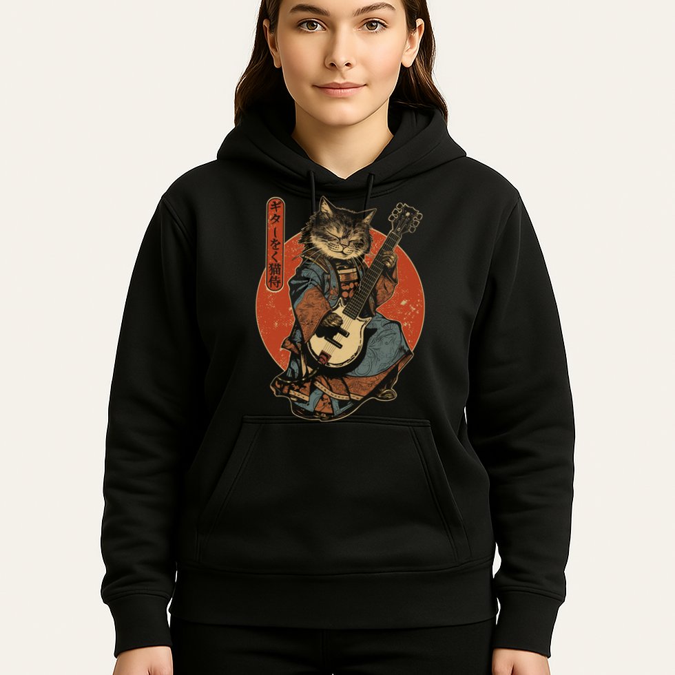 Japanese Samurai Cat Playing The Electric Guitar Japanese Samurai Guitar Players Hoodie
