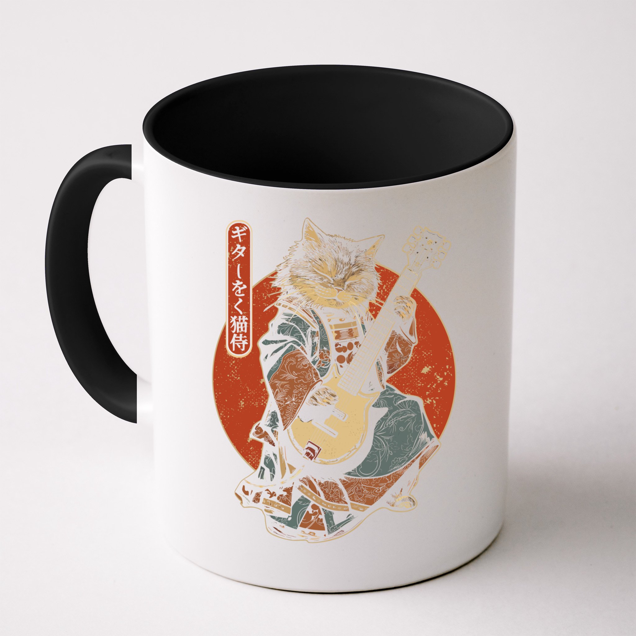 Japanese Samurai Cat Playing The Electric Guitar Japanese Samurai Guitar Players Mug