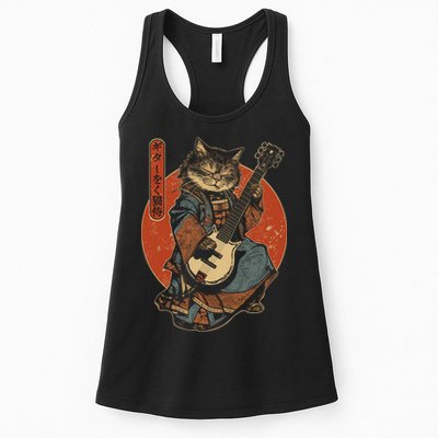 Japanese Samurai Cat Playing The Electric Guitar Japanese Samurai Guitar Players Womens Tank Top