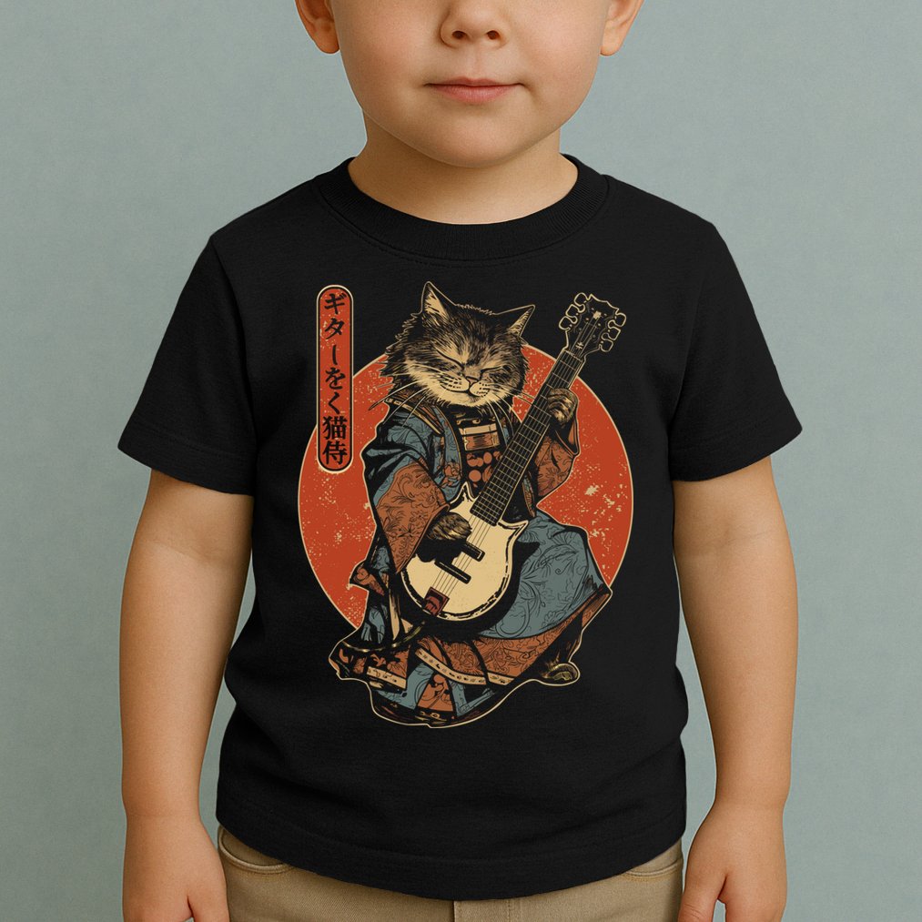 Japanese Samurai Cat Playing The Electric Guitar Japanese Samurai Guitar Players Toddler T-Shirt