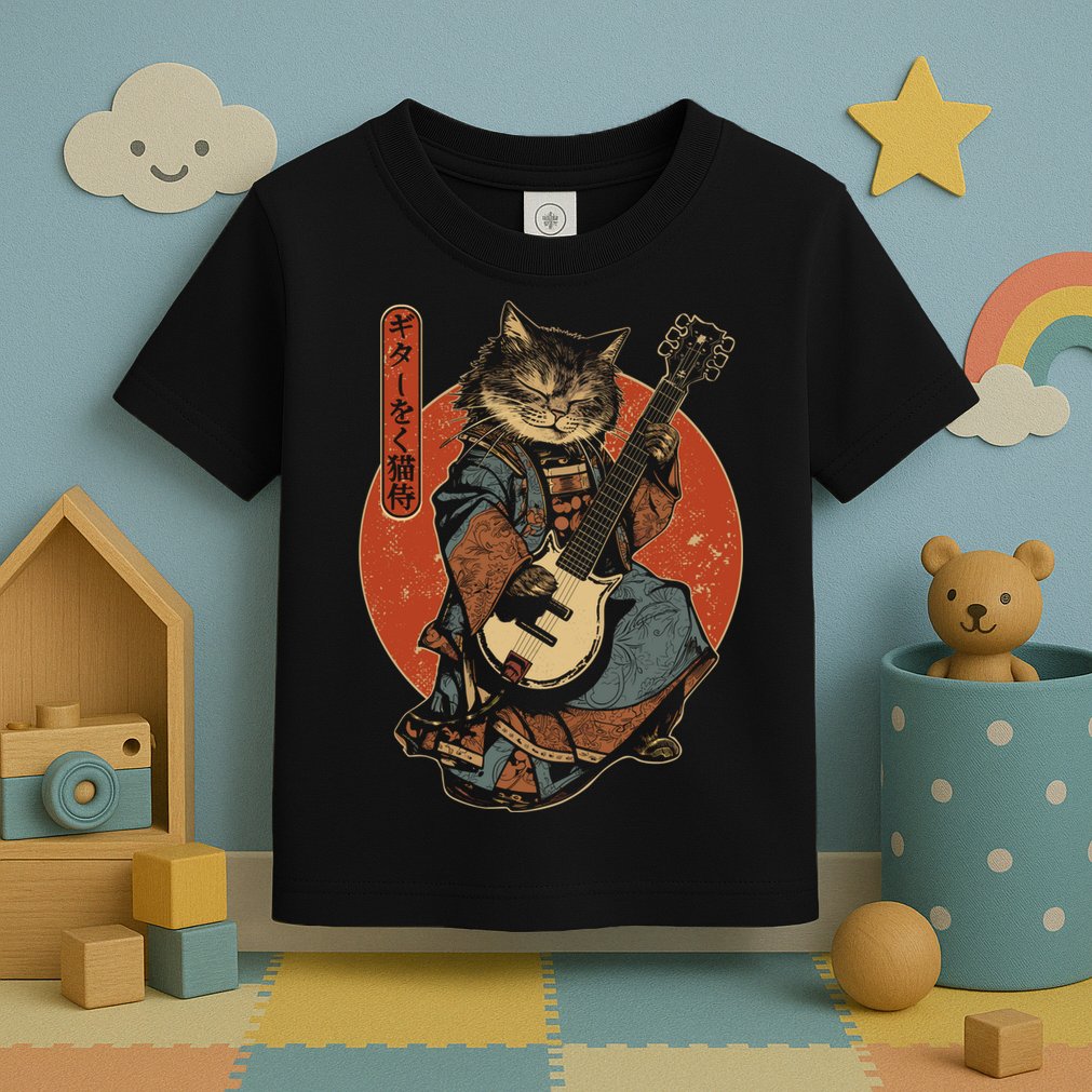 Japanese Samurai Cat Playing The Electric Guitar Japanese Samurai Guitar Players Toddler T-Shirt