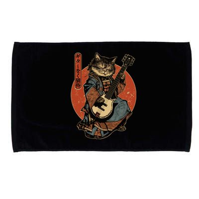 Japanese Samurai Cat Playing The Electric Guitar Japanese Samurai Guitar Players Microfiber Hand Towel