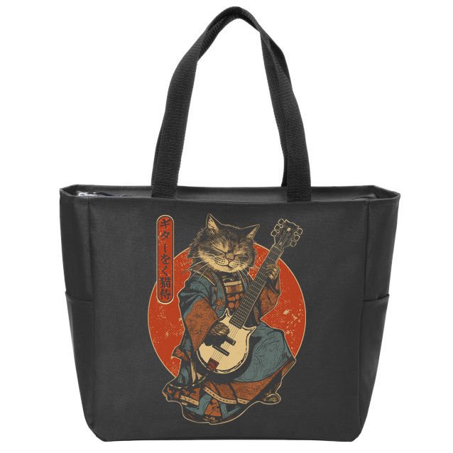 Japanese Samurai Cat Playing The Electric Guitar Japanese Samurai Guitar Players Zip Tote Bag