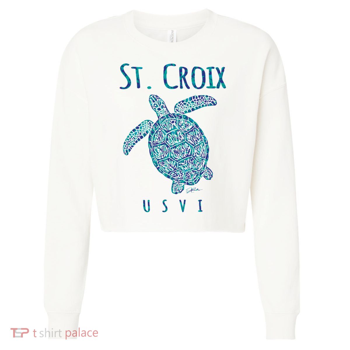 JCombs: St. Croix, USVI, Sea Turtle, Beach Cropped Pullover Crew