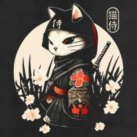 Japanese Samurai Cat Tattoo Kawaii Ninja Cat 7 Panel Mesh Trucker Snapback Hat