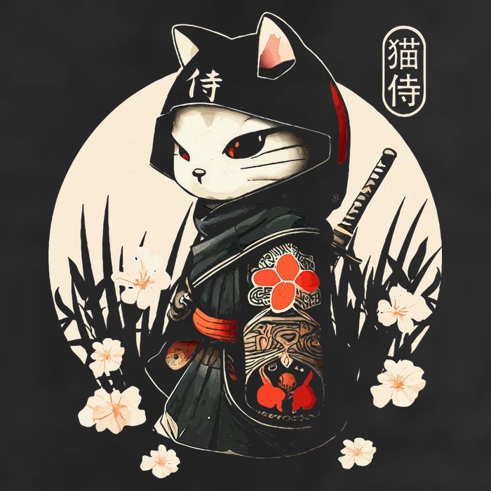 Japanese Samurai Cat Tattoo Kawaii Ninja Cat 7 Panel Mesh Trucker Snapback Hat