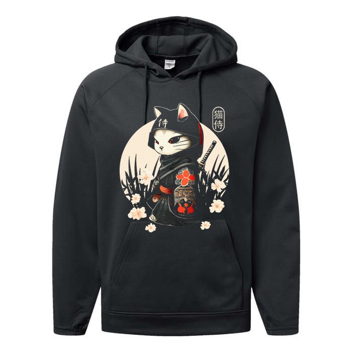 Japanese Samurai Cat Tattoo Kawaii Ninja Cat Performance Fleece Hoodie