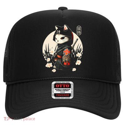 Japanese Samurai Cat Tattoo Kawaii Ninja Cat High Crown Mesh Back Trucker Hat